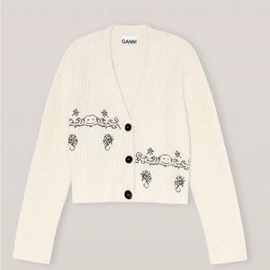 Ganni Cream Cardigan with Black Embroidery